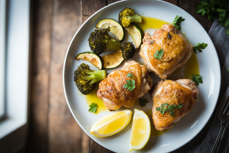 Lemon Garlic Chicken Thighs with Roasted Broccoli and Zucchini
